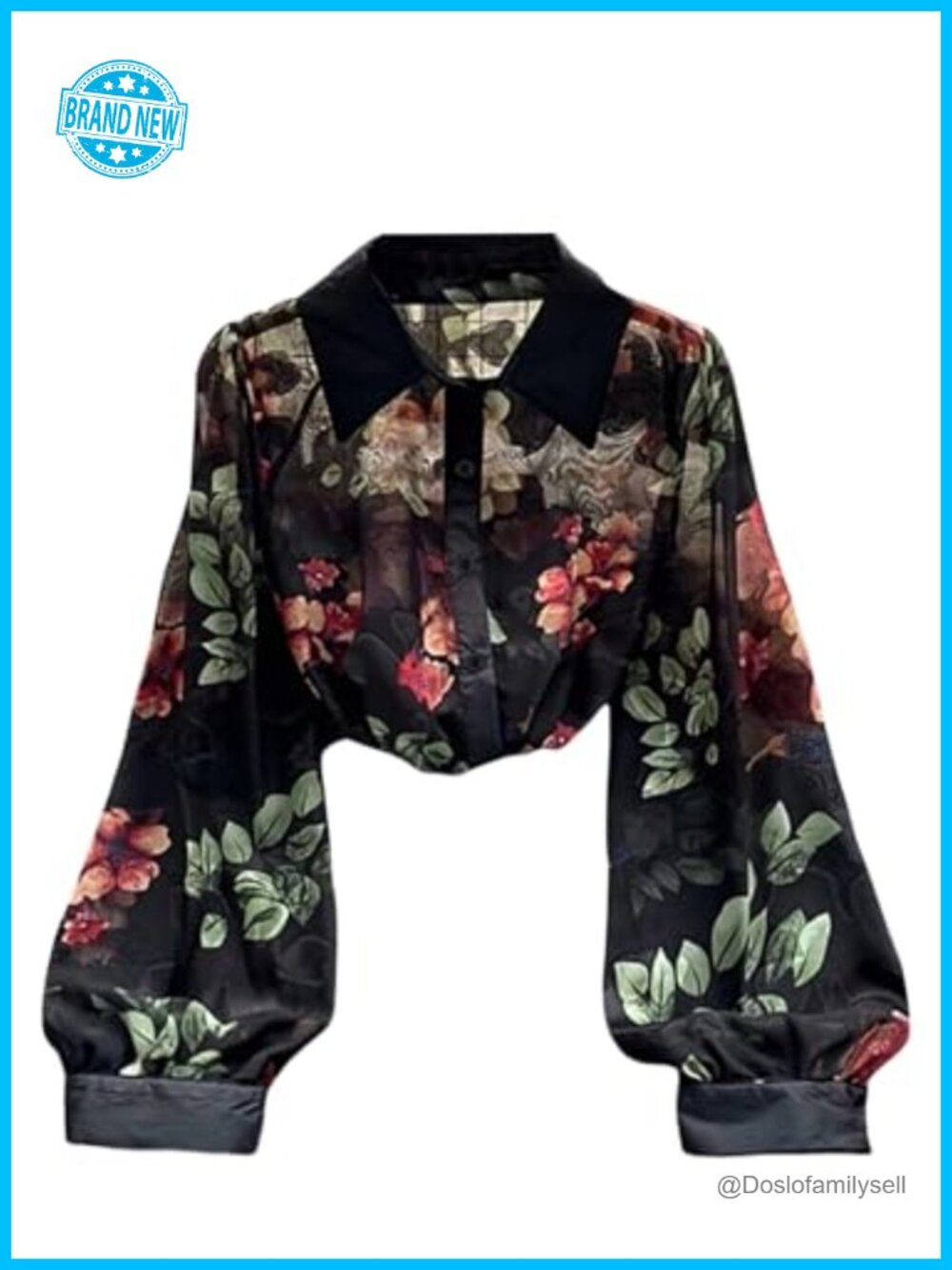 Floral Mesh Lantern Sleeve Sheer Button Down Blouse Goth Top